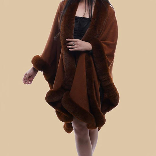 Damen Kunstfell-Cape mit voluminösem Kapuzenkragen und eleganter Felloptik R&B