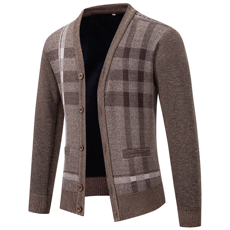 Herren stilvolle Strickjacke mit modernem Karomuster und praktischen Taschen R&B