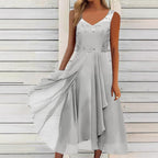Damen nan A-Linien-Chiffonkleid mit floralem Stickoberteil, V-Ausschnitt, drapiertem Godet-Schwung und verdeckten Seitentaschen R&B