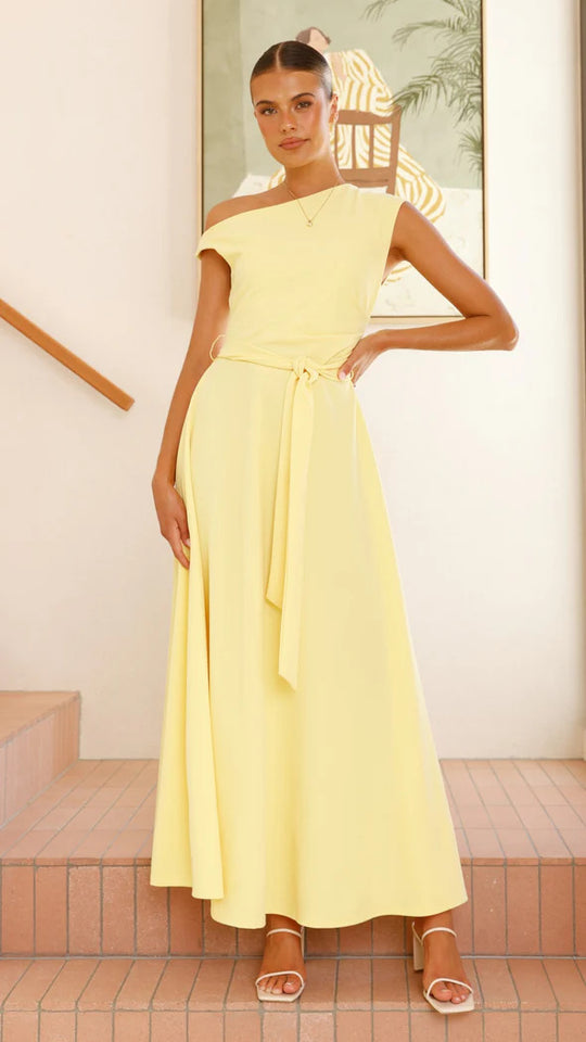 Damen Maxikleid mit schickem asymmetrischen Ausschnitt und eleganter Schleife R&B