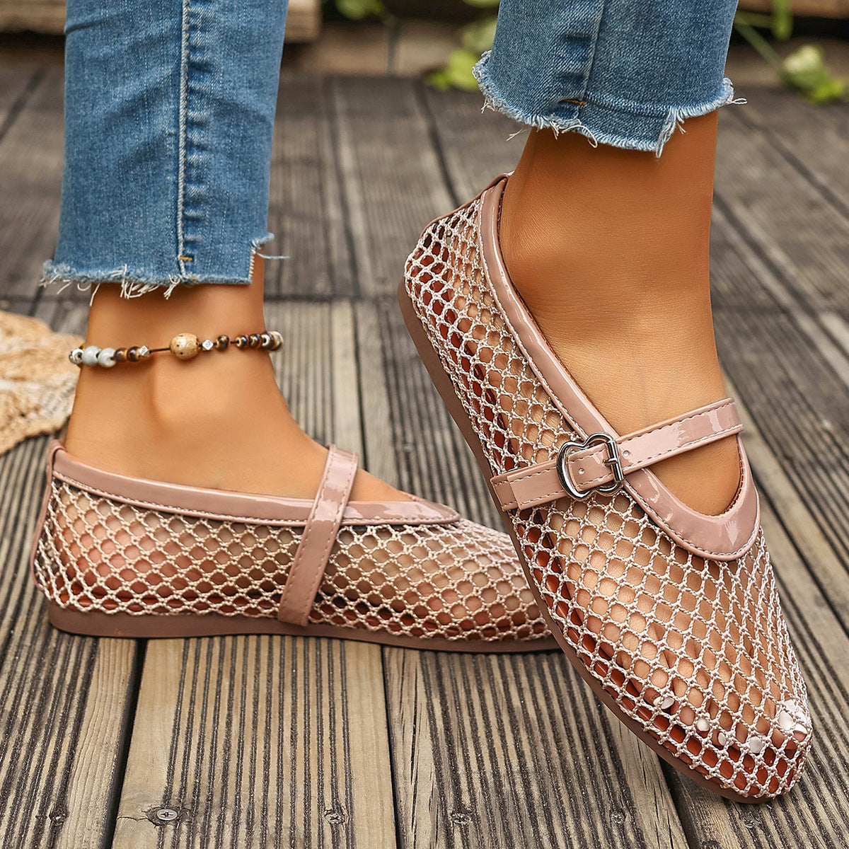Damen Ballerinas mit modischem Netzdesign und dekorativem Riemchen R&B