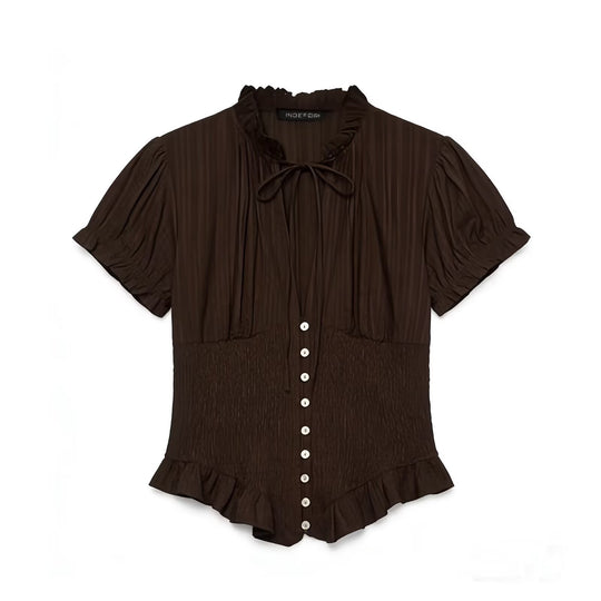 Damen Rüschenbluse mit geschlitztem Kragen und Knopfdetails R&B