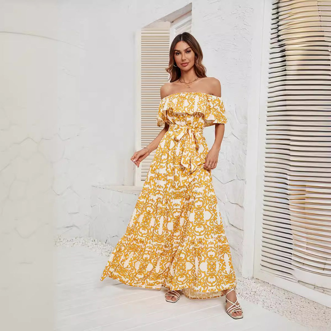 Damen Maxikleid mit schulterfreiem Design, frischem Blätterdruck und elastischer Taillierung R&B