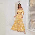 Damen Maxikleid mit schulterfreiem Design, frischem Blätterdruck und elastischer Taillierung R&B