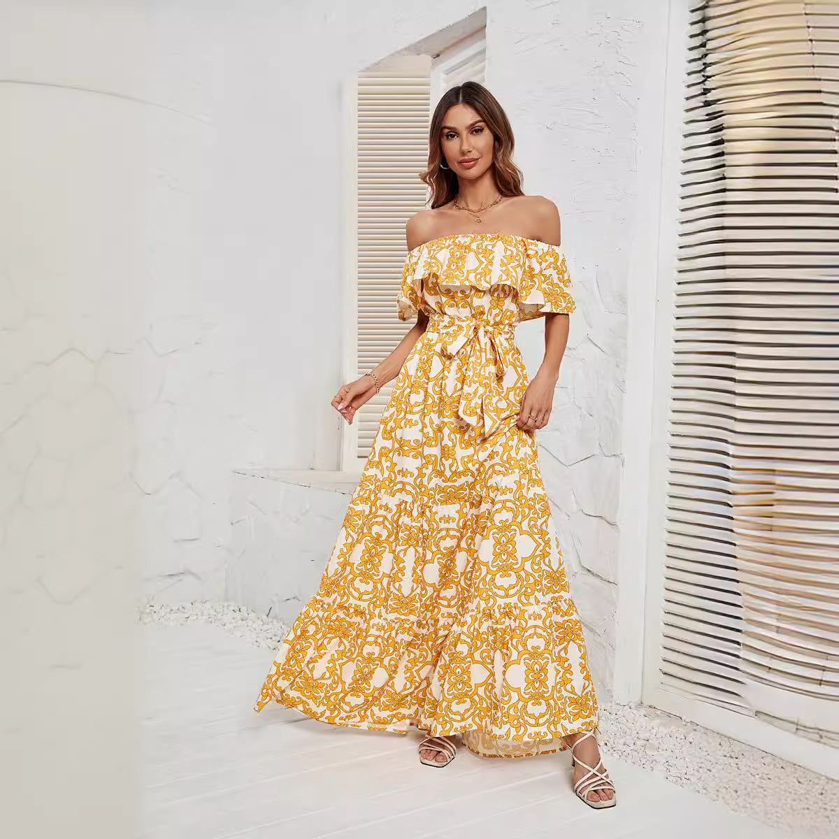 Damen Maxikleid mit schulterfreiem Design, frischem Blätterdruck und elastischer Taillierung R&B
