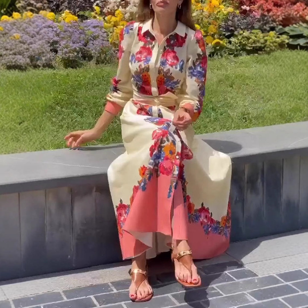 Damen nan langes Hemdblusenkleid mit floralem Print, Bindegürtel und Volantbesatz R&B