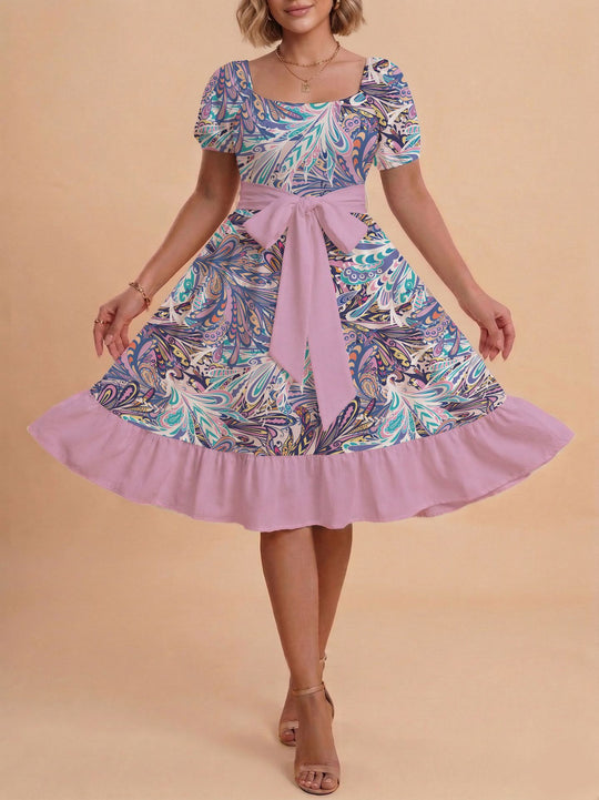 Damen Retro Maxikleid mit Puffärmeln und Taillengürtel R&B