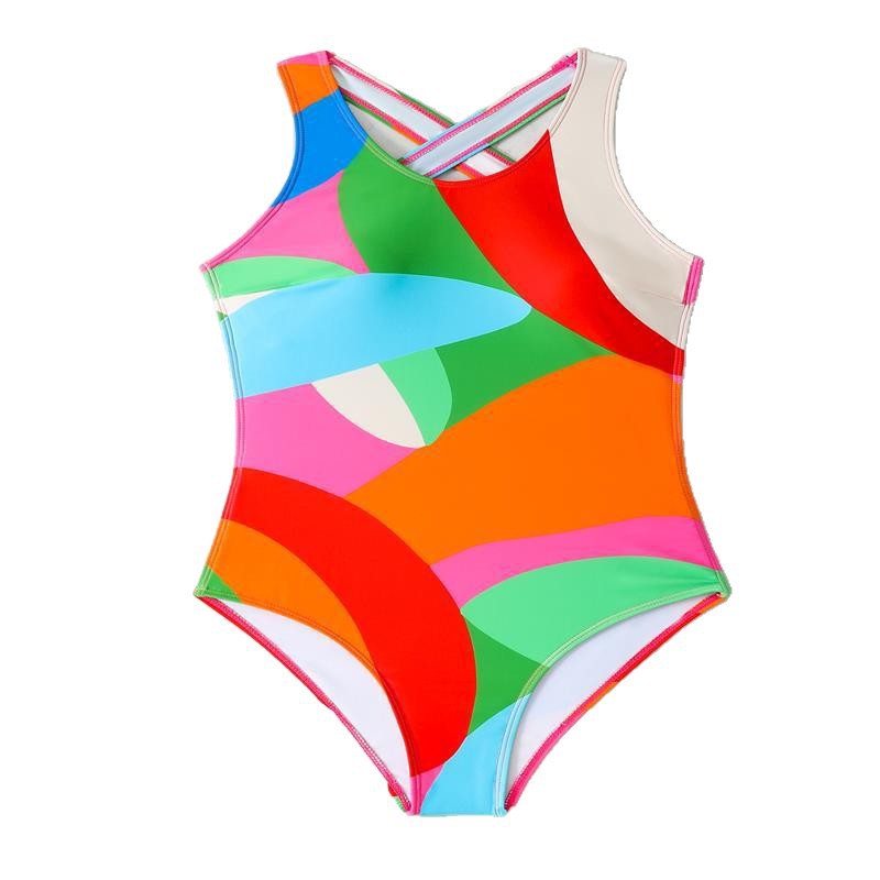 Damen Einteiliger Badeanzug mit buntem geometrischen Muster und hohem Beinausschnitt R&B