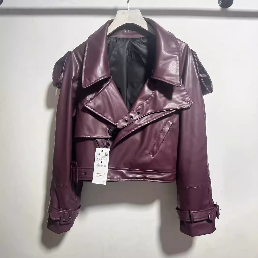 Damen coole cropped Kunstlederjacke mit asymmetrischem Kragen und modischem Design R&B