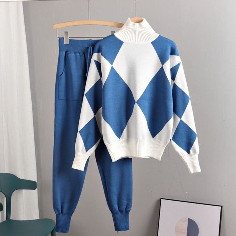 Damen stylisches Freizeitstrickset mit hohem Kragen R&B