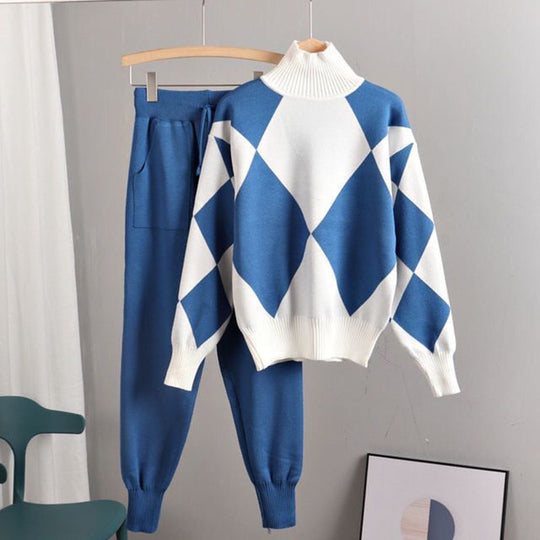Damen stylisches Freizeitstrickset mit hohem Kragen R&B