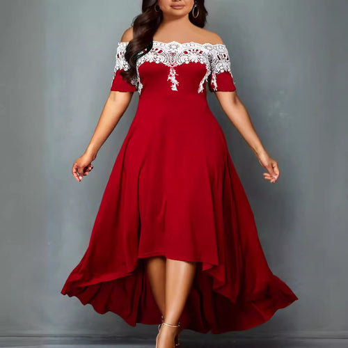 Damen elegantes Spitzen-Halbarm-Kleid mit asymmetrischem Saum R&B