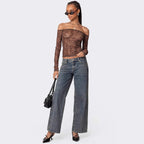 Damen figurbetontes Langarmshirt mit Leopardenmuster und Off-Shoulder