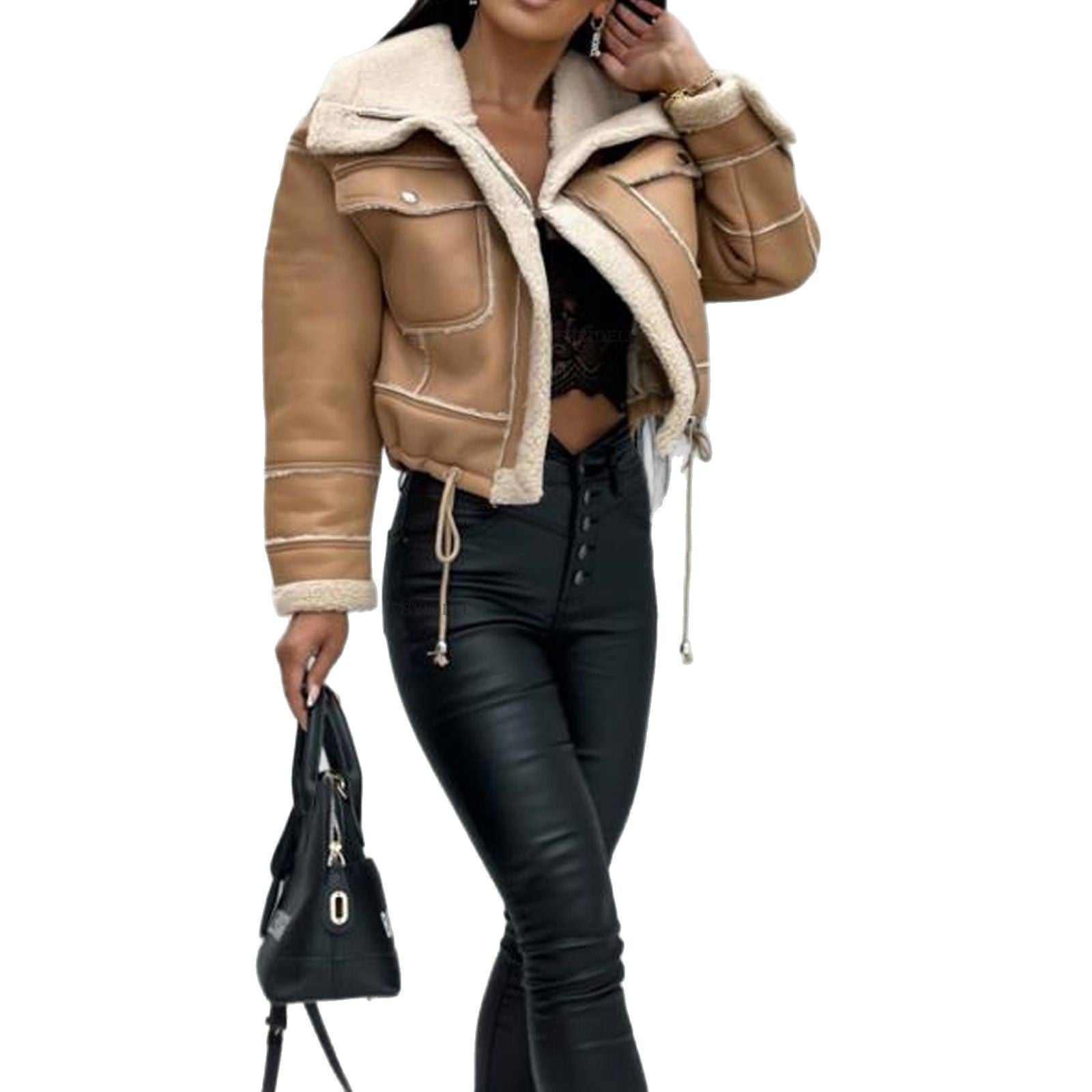 Damen cropped Bikerjacke mit Lammfell R&B