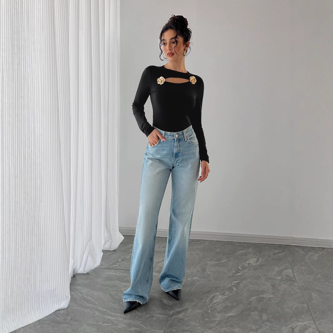 Damen Elegantes Langarm-Bodysuit mit raffinierten Ausschnitten R&B