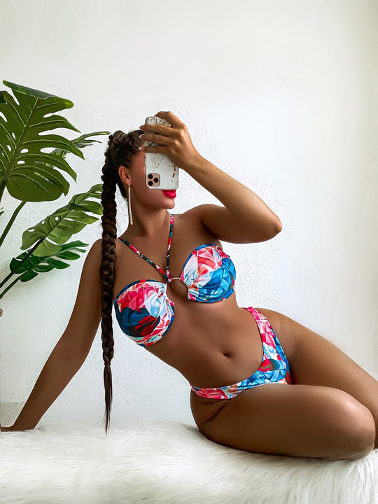 Damen Eleganter Blumen-Bikini mit Raffungen R&B