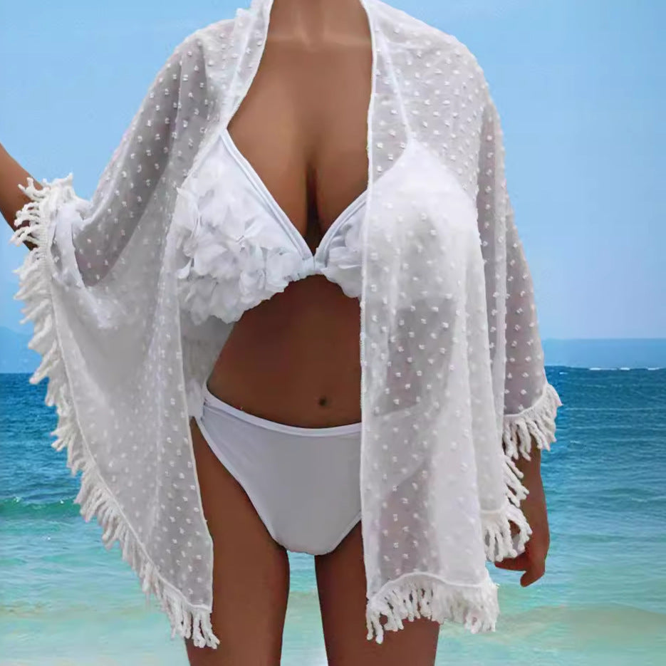 Damen transparenter Strandüberwurf mit verspielten Fransen R&B