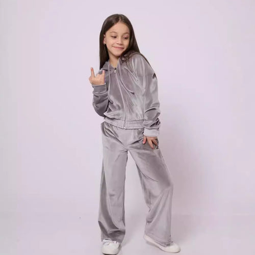 Damen samtiges Freizeit-Outfit mit Kapuze und elastischem Bund R&B