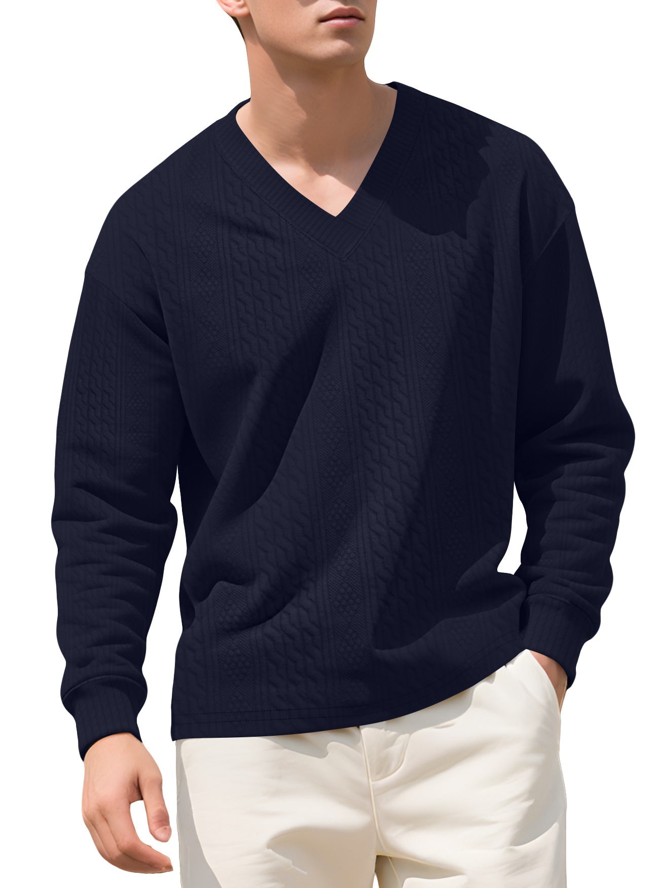 Herren nan strukturierter V-Ausschnitt Strickpullover mit Kabel- und Wabenmuster R&B