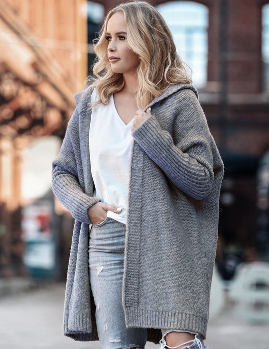 Damen lässiger Strickcardigan mit Kapuze und weiten Ärmeln R&B