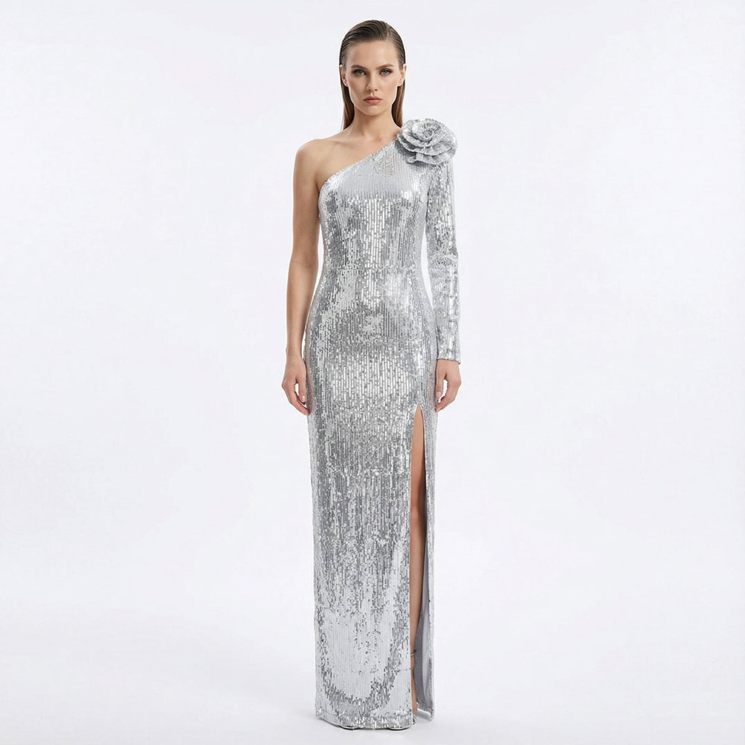 Damen Elegantes Etuikleid mit schimmerndem Stoff und einzigartiger Schulterpartie R&B