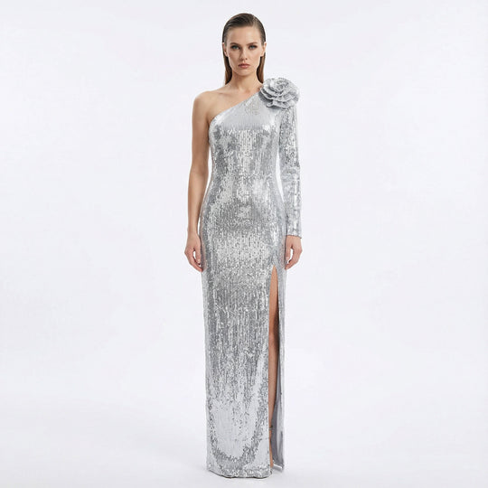 Damen Elegantes Etuikleid mit schimmerndem Stoff und einzigartiger Schulterpartie R&B