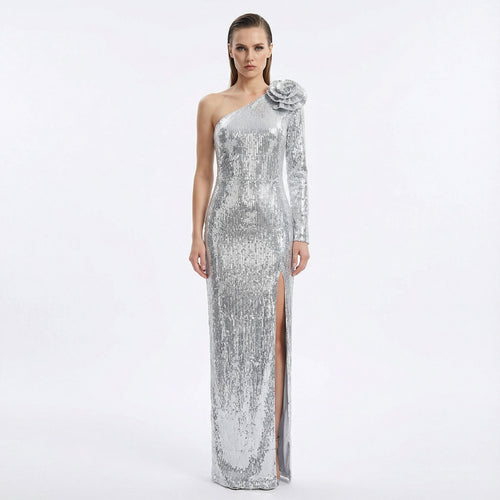 Damen Elegantes Etuikleid mit schimmerndem Stoff und einzigartiger Schulterpartie R&B