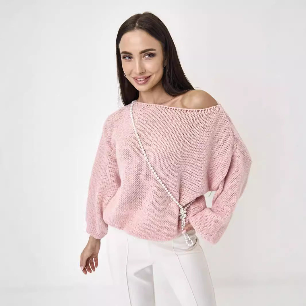 Damen lässiger Oversize-Pullover mit ballonförmigen Ärmeln und strukturiertem Maschenmuster R&B