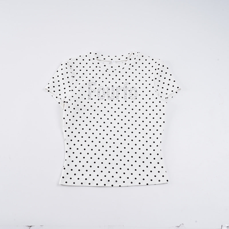 Damen Trendiges Kurzarm-Top mit Pünktchenmuster und glitzerndem Schriftzug R&B