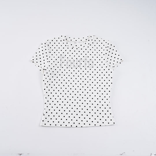 Damen Trendiges Kurzarm-Top mit Pünktchenmuster und glitzerndem Schriftzug R&B