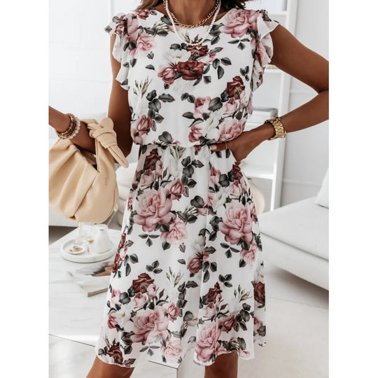 Damen Sommerliches Blumenkleid mit Rüschendetails und Taillengürtel R&B