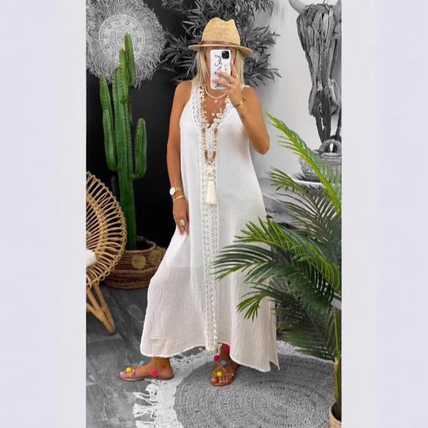 Damen Maxi-Strandkleid mit elegantem Spitzenbesatz und seitlichen Schlitzen R&B