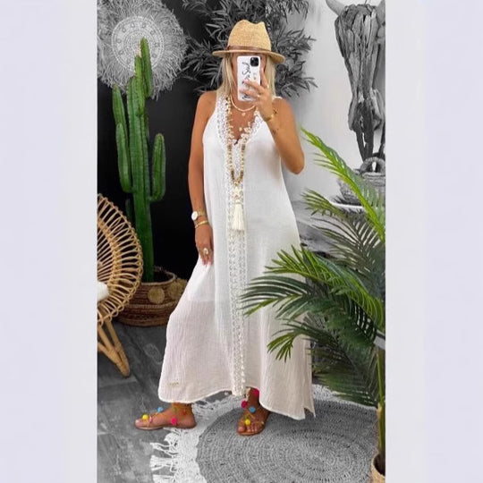 Damen Maxi-Strandkleid mit elegantem Spitzenbesatz und seitlichen Schlitzen R&B