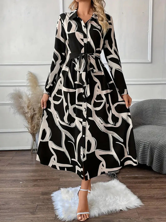 Damen Hemdblusenkleid mit raffiniertem Muster und tailliertem Gürtel R&B