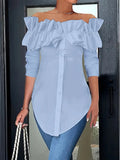 Damen Off-Shoulder Bluse mit Rüschen und Knopfleiste