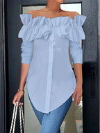 Damen Off-Shoulder Bluse mit Rüschen und Knopfleiste