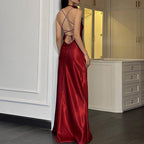 Damen elegantes Maxikleid aus fließendem Satin mit Spaghettiträgern R&B