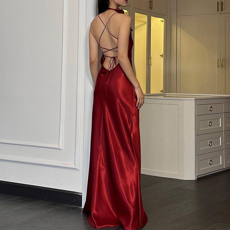Damen elegantes Maxikleid aus fließendem Satin mit Spaghettiträgern R&B