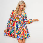 Damen Blütenreiches Sommerkleid mit weitem Rock und eleganten Puffärmeln R&B