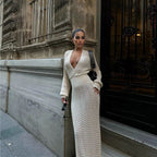 Damen elegantes gehäkeltes Maxikleid mit tiefem V-Ausschnitt R&B
