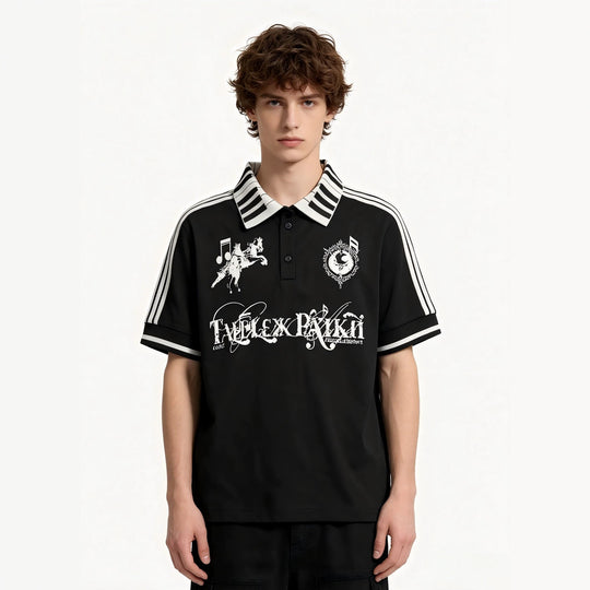 Damen Poloshirt mit kreativem Druck und Streifenmuster R&B