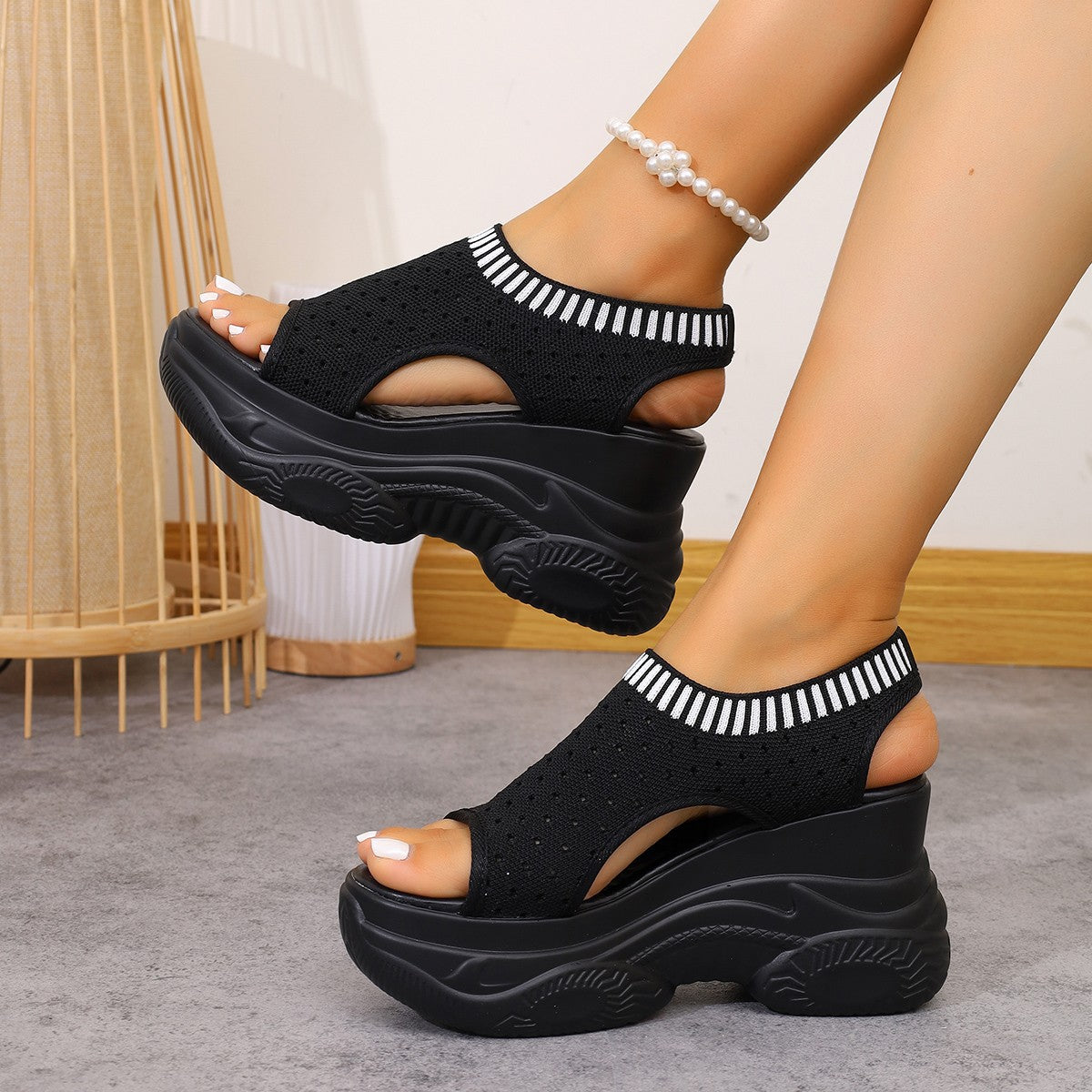 Damen Plateau-Sandalen mit elastischem Strick-Obermaterial und atmungsaktivem Design