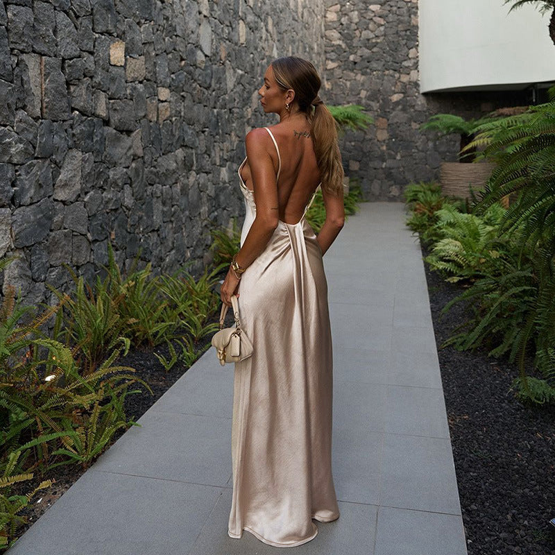 Damen Elegantes Satin-Maxikleid mit hauchdünnen Spaghettiträgern R&B