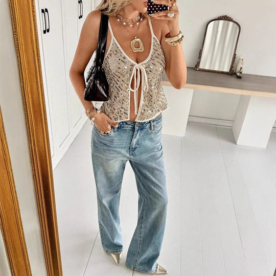 Damen Glitzerndes Top mit V-Ausschnitt und Bindeband R&B