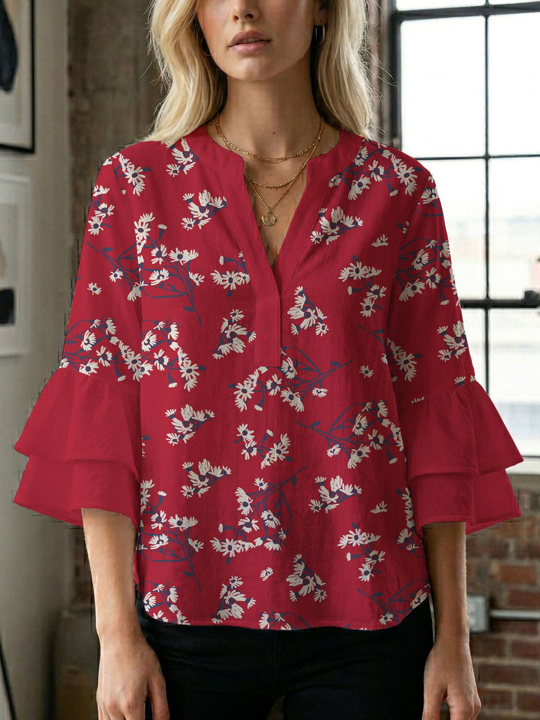 Damen Blusenshirt mit voluminösen Ärmeln und kreativem Druckdesign R&B