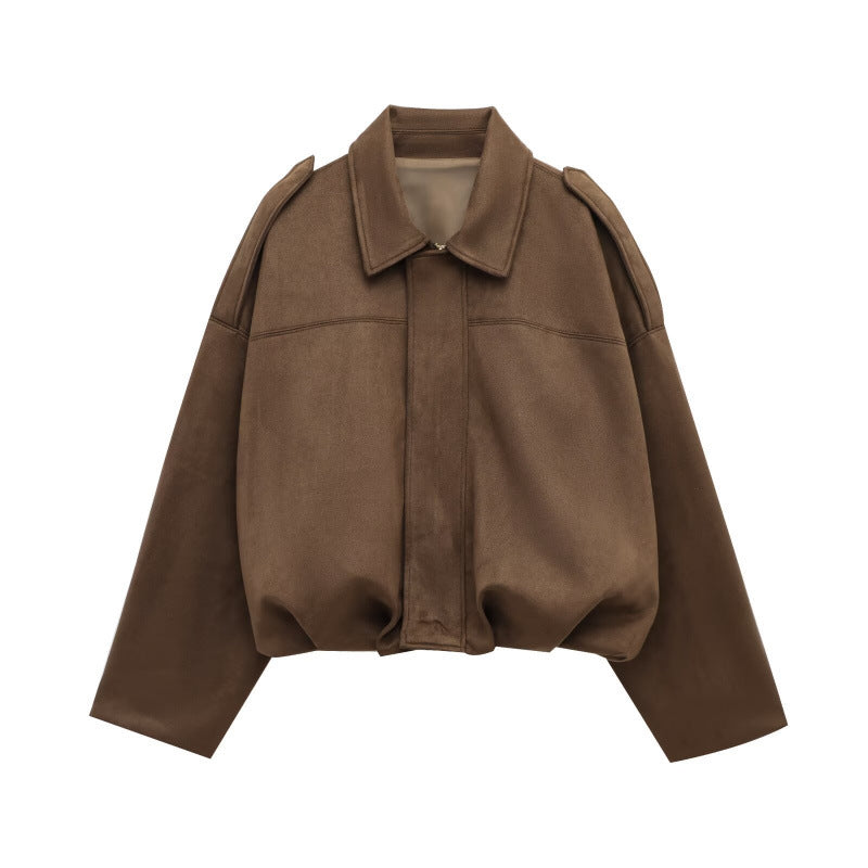 Damen modische Oversize-Jacke aus weichem Kunstleder mit dekorativen Details R&B