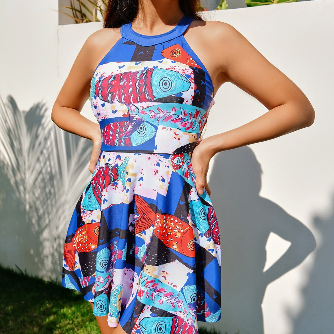 Damen Sommerkleid mit buntem Fische-Print und schwingendem Rock R&B