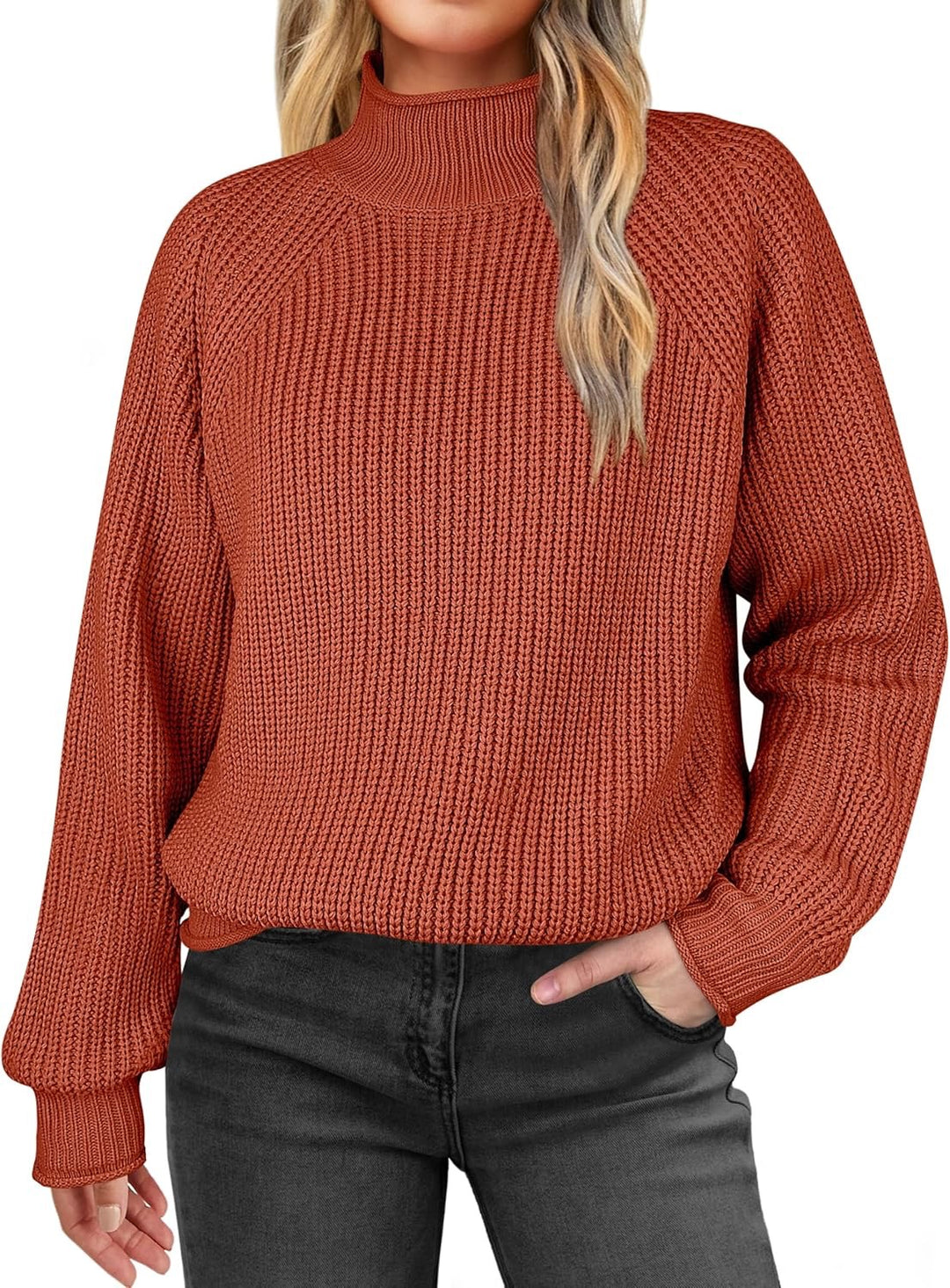 Damen modischer Strickpullover mit hohem Kragen und strukturierter Oberfläche R&B