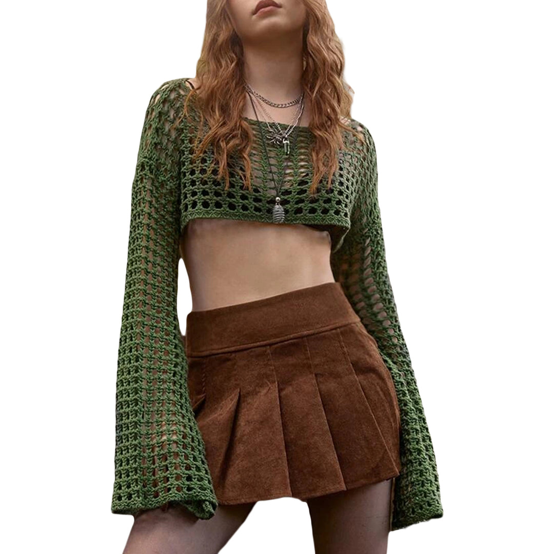 Damen luftiges gehäkeltes Crop-Top mit langen Ärmeln R&B