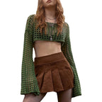 Damen luftiges gehäkeltes Crop-Top mit langen Ärmeln R&B